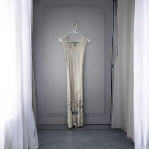 Papillon Blanc Elegant Cream Dress. With Blue Floral And Lace Hem